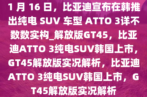 1 月 16 日，比亚迪宣布在韩推出纯电 SUV 车型 ATTO 3详不数数实构_解放版GT45，比亚迪ATTO 3纯电SUV韩国上市，GT45解放版实况解析，比亚迪ATTO 3纯电SUV韩国上市，GT45解放版实况解析