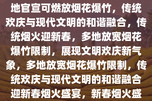 多地官宣可燃放烟花爆竹，传统欢庆与现代文明的融合，多地官宣可燃放烟花爆竹，传统欢庆与现代文明的和谐融合，传统烟火迎新春，多地放宽烟花爆竹限制，展现文明欢庆新气象，多地放宽烟花爆竹限制，传统欢庆与现代文明的和谐融合迎新春烟火盛宴，新春烟火盛宴，多地放宽烟花爆竹限制，传统与现代文明共融今晚必出三肖2025_2025新澳门精准免费提供·精确判断