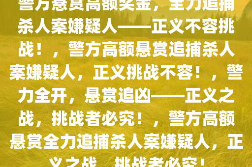 警方悬赏高额奖金，全力追捕杀人案嫌疑人——正义不容挑战！，警方高额悬赏追捕杀人案嫌疑人，正义挑战不容！，警力全开，悬赏追凶——正义之战，挑战者必究！，警方高额悬赏全力追捕杀人案嫌疑人，正义之战，挑战者必究！