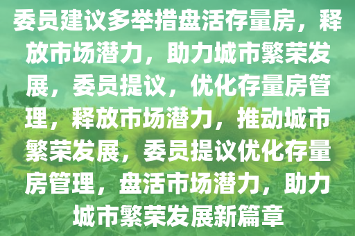 委员建议多举措盘活存量房，释放市场潜力，助力城市繁荣发展，委员提议，优化存量房管理，释放市场潜力，推动城市繁荣发展，委员提议优化存量房管理，盘活市场潜力，助力城市繁荣发展新篇章