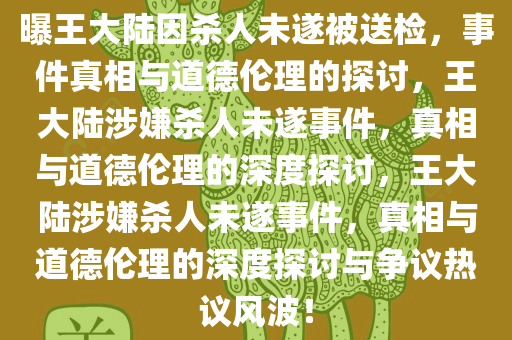 曝王大陆因杀人未遂被送检，事件真相与道德伦理的探讨，王大陆涉嫌杀人未遂事件，真相与道德伦理的深度探讨，王大陆涉嫌杀人未遂事件，真相与道德伦理的深度探讨与争议热议风波！