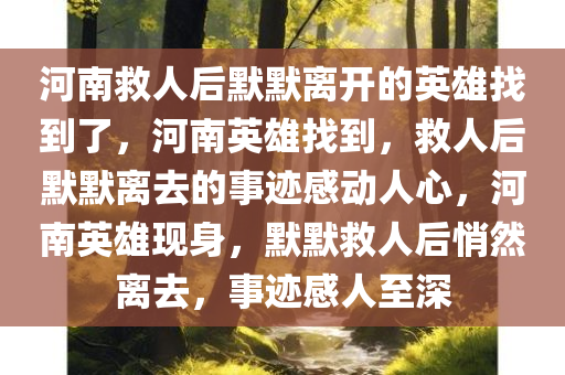 河南救人后默默离开的英雄找到了，河南英雄找到，救人后默默离去的事迹感动人心，河南英雄现身，默默救人后悄然离去，事迹感人至深