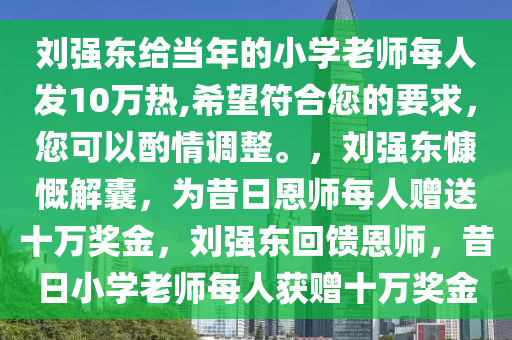 刘强东给当年的小学老师每人发10万热,希望符合您的要求，您可以酌情调整。，刘强东慷慨解囊，为昔日恩师每人赠送十万奖金，刘强东回馈恩师，昔日小学老师每人获赠十万奖金