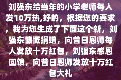 刘强东给当年的小学老师每人发10万热,好的，根据您的要求，我为您生成了下面这个新，刘强东慷慨捐赠，向昔日恩师每人发放十万红包，刘强东感恩回馈，向昔日恩师发放十万红包大礼